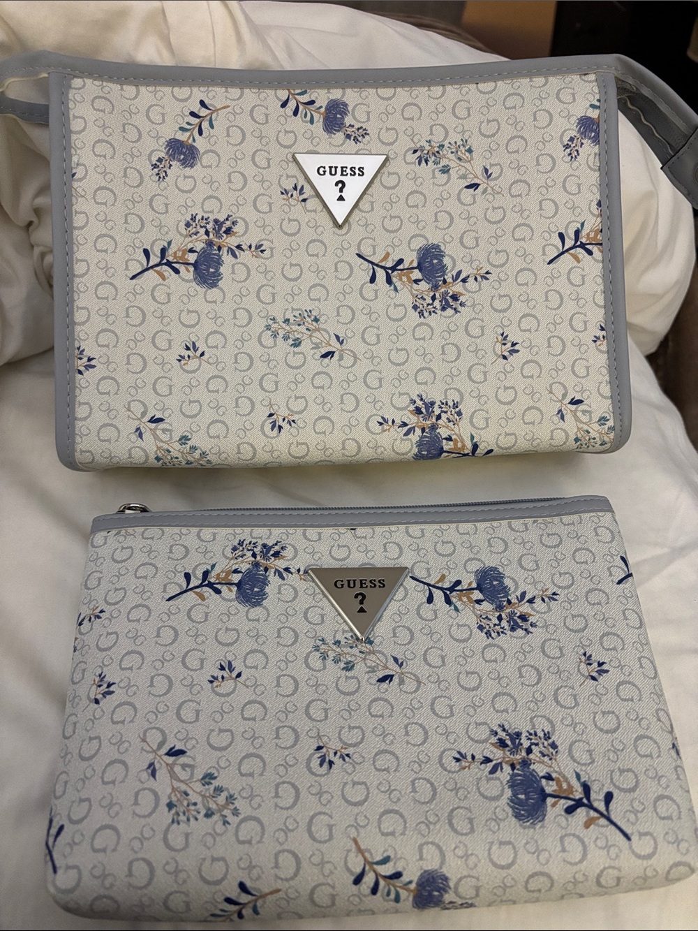 GUESS Light Gray and Blue Floral Two-Piece Cosmetic Pouch Set